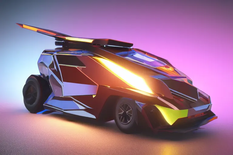 Prompt: full shot of a box - shaped sci - fi flying vehicle made from dark glass and plastic surfaces in the style of peugeot prestige, neon kanji decals, side lights, studio lighting, octane render, light background