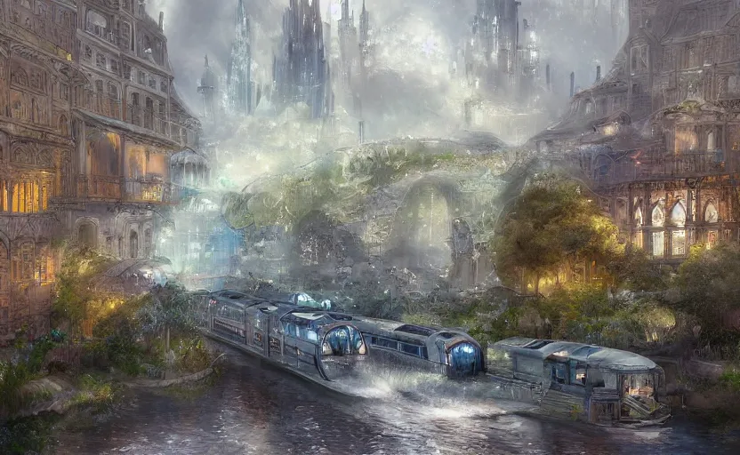 Prompt: An urban train rides inside of a waterway on a fantasy city, next to a fountain and a mystical palace. By William-Adolphe Bouguerea, Jordan grimmer, fractal flame. Highly_detailded