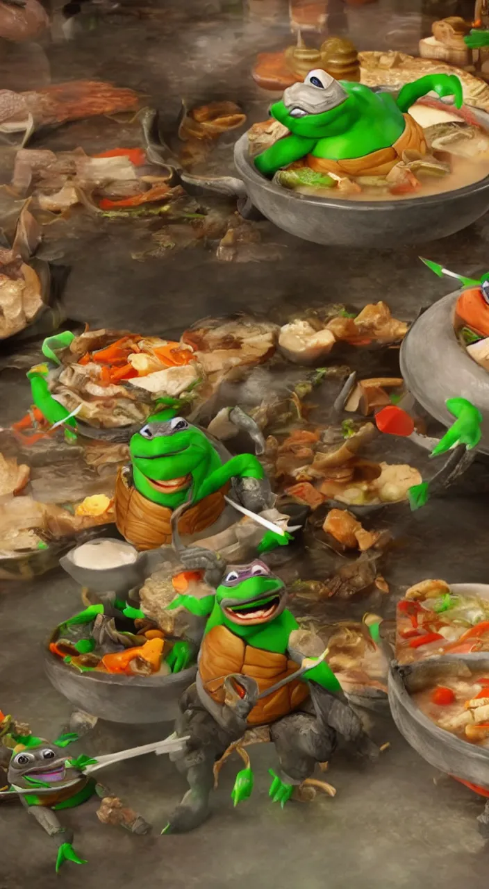 Image similar to little ninja turtles in soup in a chinese restaurant, a chinese man eats this soup, super realistic, super detailed, high octane, photorealistic, rendering 8 k, 8 k octane, unreal engine