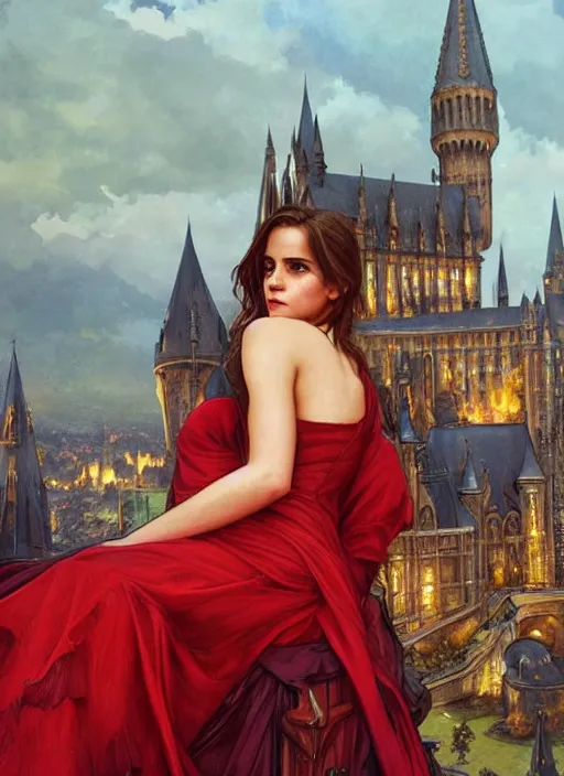 Image similar to oil painting of emma watson giving seductive look wearing red and gold. hogwarts in background beautiful detailed face. by artgerm and greg rutkowski and alphonse mucha