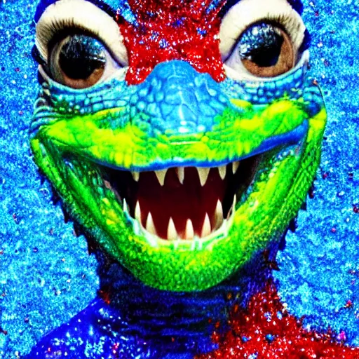 Image similar to president donald j clinton as a smiling laughing bright blue lizard person, airbrush painting, hyper detailed, 8 k, photorealism, rule of thirds, glitter.