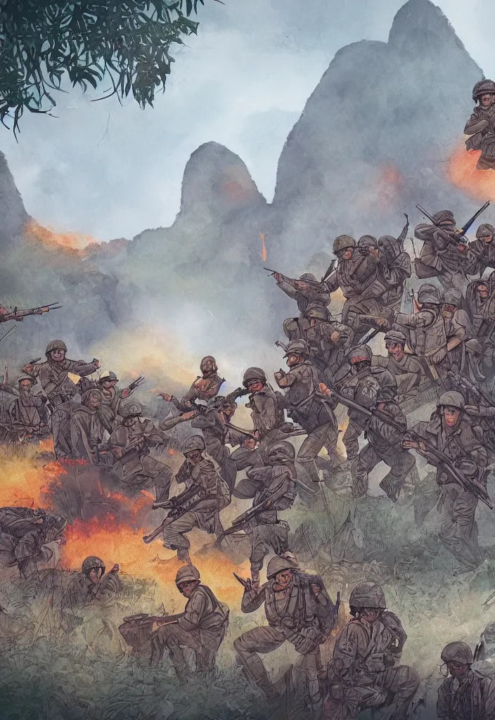 Image similar to handmade illustration of an epic Vietnam war scene with a very small group of american soldiers, the jungle at the background, some smoke and fire, line art, ink, watercolor by Kilian Eng and by Jake Parker, heavy brushstrokes, winning-award masterpiece, fantastic, octane render, 8K HD Resolution, High quality image