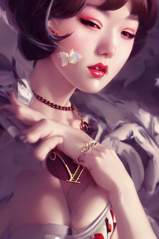 Image similar to a pin up and beautiful fashion charming dreamlke japan girl with lv jewelry, character art, art by artgerm lau and wlop and and ilya kuvshinov and john singer sargent, hyperdetailed, 8 k realistic, symmetrical, frostbite 3 engine, cryengine, dof, trending on artstation, digital art