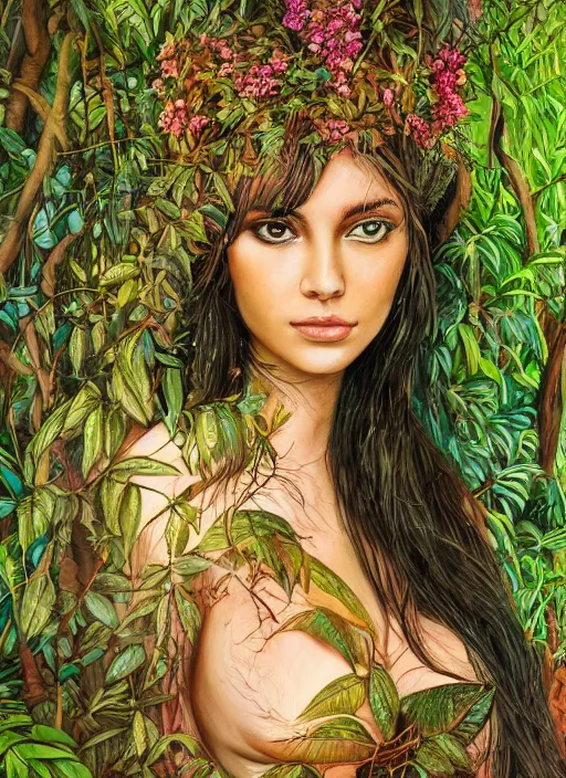 Prompt: a beautiful portrait of a beautiful woman surrounded by leaves of jungle plants, ayahuasca, spiritual, high detail painting, fantasy art, highly detailed, realistic face