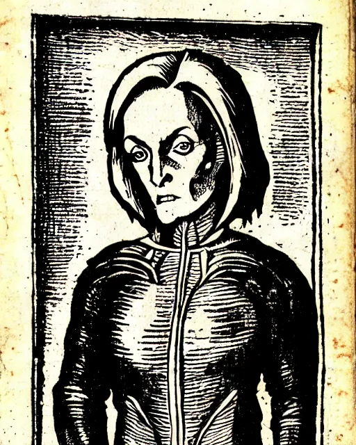 Image similar to woodcut illustration of dana scully from the nuremberg chronicle, 1 4 9 3, sharp scan, restored