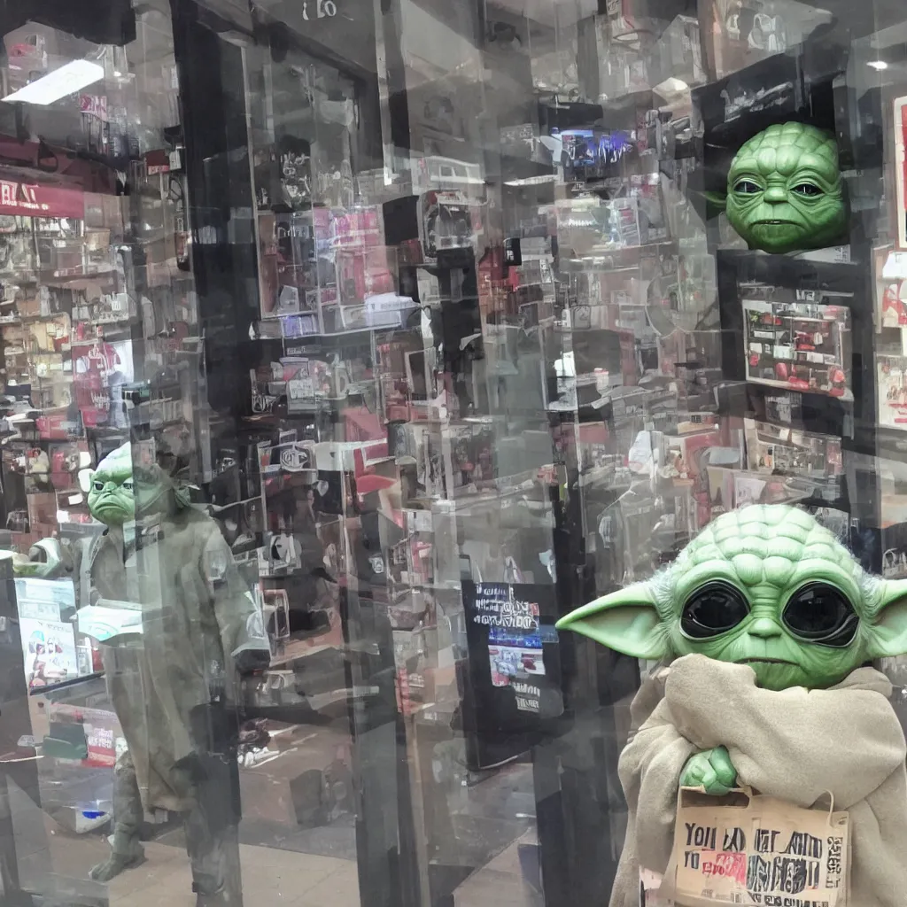 Image similar to CCTV Yoda robbing a store