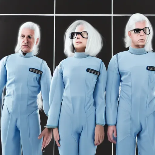 Image similar to sixtuplets, white hair, tight light blue neopren space uniforms, futuristic chemistry lab, sci - fi, highly detailed, cinematic