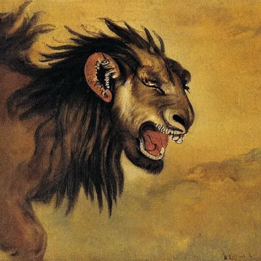 Image similar to half goat, half lion, painting by Eugene Delacroix, highly detailed