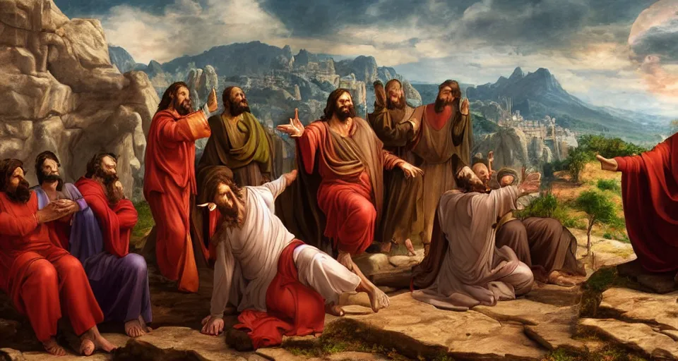 Image similar to jesus dabs in front of the apostles, matte painting, concept art, michaelangelo