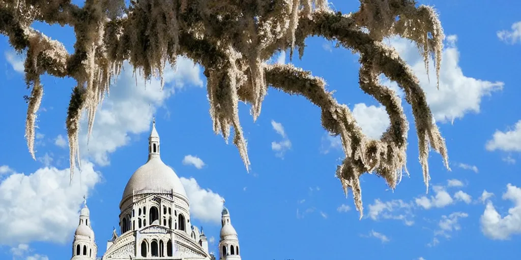 Prompt: basilica sacre coeur, hanging spanish moss, cel shaded cartoon, curled blue sky fluffy curled clouds, smoke shaped clouds, from lorax movie, by studio ghibli