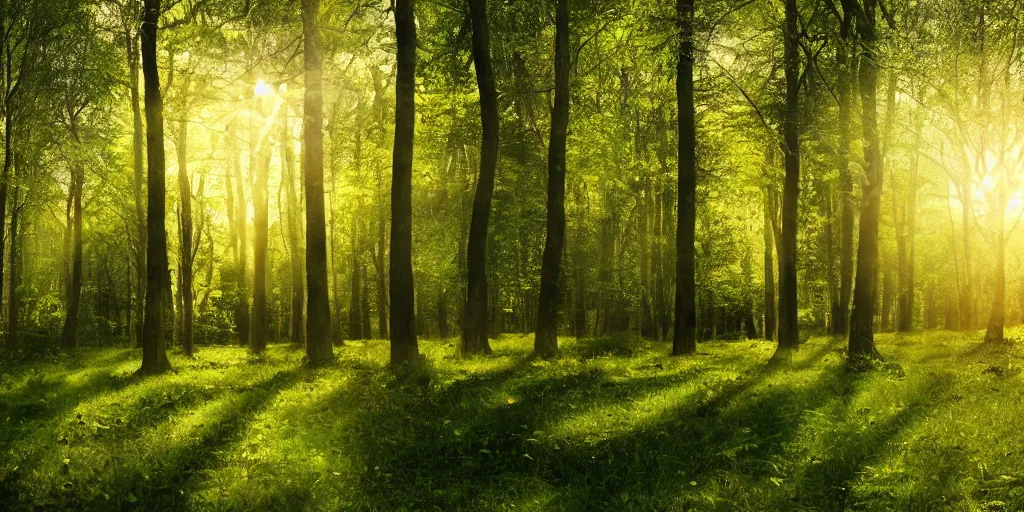 Prompt: A photorealistic landscape of a beautiful and serene forest, with the sunlight shining through the trees and casting a dappled light on the ground, in a peaceful and calming style.