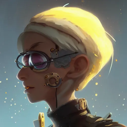 Image similar to a girl with dark skin, yellow eyes, short white hair, wearing steampunk attire, highly detailed, digital painting, artstation, matte, by makoto shinkai, animation style