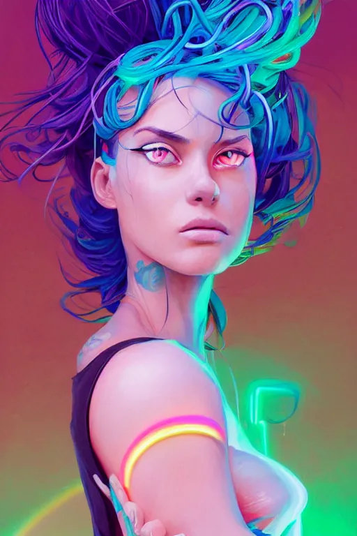 Image similar to a award winning portrait of a beautiful woman with stunning eyes in a one off shoulder croptop and cargo pants with rainbow colored hair, outlined by whirling illuminated neon lines and fine lines swirling in circles by jesper ejsing and rhads and makoto and shinkai and lois van baarle, digital art, trending on artstation