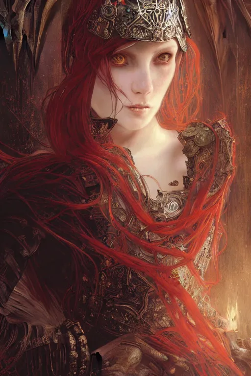 Image similar to beautiful luxury and gothic and victorian and holy medieval female reddish and white color armor knight portrait+smoky eyes+light flowing hair, in ruin gothic cathedral, ultradetail face, art and illustration by tian zi and craig mullins and WLOP and alphonse mucha, fantasy, intricate complexity, human structure, fantasy world concept, watermark, blurry, hyperrealism 8k