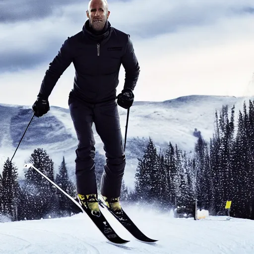 Image similar to jason statham skiing, full body shot, cinematic lighting, studio quality