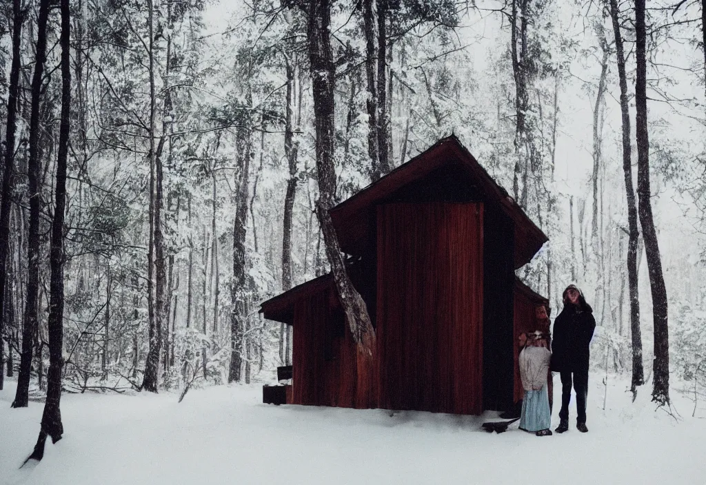 Prompt: lomo photo of two human silhouettes standing in front of a modern forest cabin in the snow, cinestill, bokeh, out of focus, day, dramatic lighting