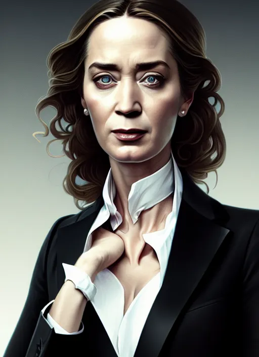 Image similar to portrait of emily blunt as business woman, black suit, white shirt, black tie, intricate, headshot, highly detailed, digital painting, artstation, concept art, sharp focus, cinematic lighting, illustration, art by artgerm and greg rutkowski, alphonse mucha, cgsociety