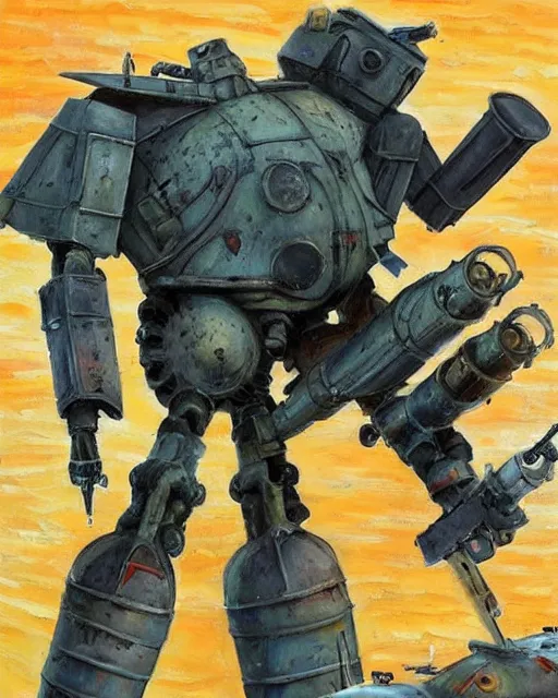 Image similar to ( ( t - 3 4 ) ) mech!!!! armed with a 7 5 mm cannon for an arm, giant!!!! humanoid!!!! figure, sharp angles, giant legs, oil painting, ( ( ( soviet tank ) ) ), tribal yurta, postapocalyptic, sharp focus