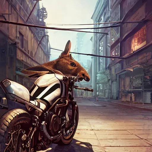 Image similar to highly detailed portrait of a biker rabbit in gta v, stephen bliss, unreal engine, fantasy art by greg rutkowski, loish, rhads, ferdinand knab, makoto shinkai and lois van baarle, ilya kuvshinov, rossdraws, tom bagshaw, global illumination, radiant light, detailed and intricate environment