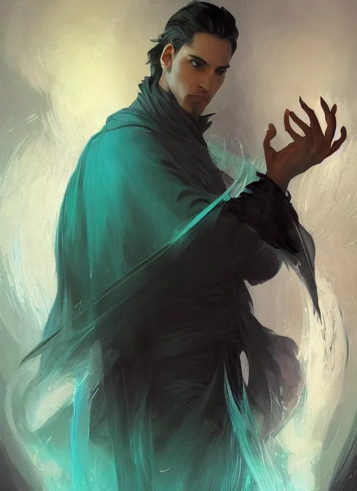 Image similar to character concept portrait of an attractive young focused Spanish wizard with pale teal skin enchanting a drowning spell, a floating iridescent spell book in the center, intricate, elegant, digital painting, concept art, smooth, sharp focus, illustration, from Metal Gear, by Ruan Jia and Mandy Jurgens and William-Adolphe Bouguereau, Artgerm