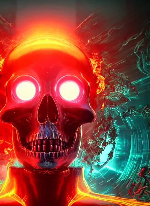 Image similar to a futuristic skull with glowing eyes and a flame fire background, cyberpunk art by android jones, behance contest winner, computer art, darksynth, synthwave, rendered in cinema 4 d