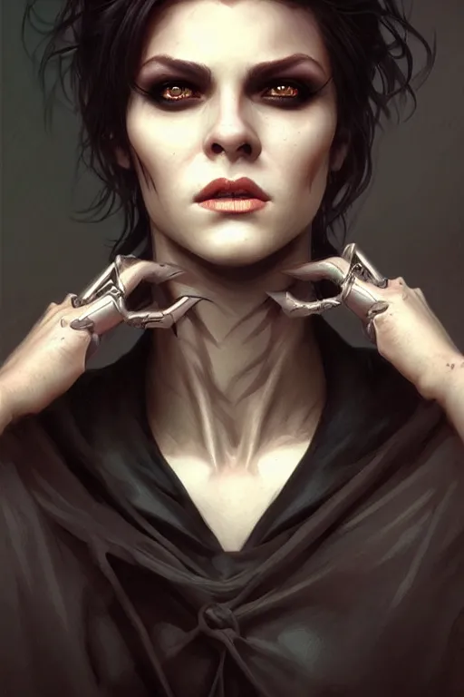 Image similar to photorealistic portrait of a young butch vampire woman, handsome, female, masculine, upper body, fantasy, fierce, sharp features, intricate, elegant, highly detailed, digital painting, artstation, concept art, matte, sharp focus, illustration, art by artgerm and greg rutkowski and alphonse mucha