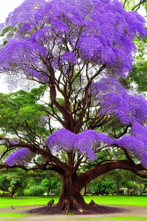 Prompt: huge world jacaranda tree with purple colored flowers, + lightning bolt, + antique,