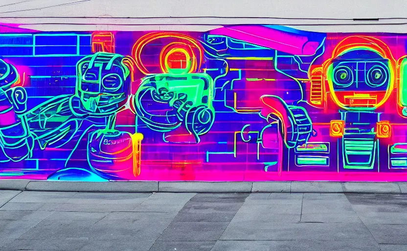 Image similar to mural of a cyberpunk robot, neon colors, painted on a giant wall