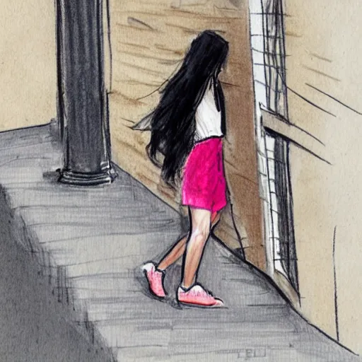 Image similar to fashion sketch of an asian teenager doing a warm up on a brownstone stoop.