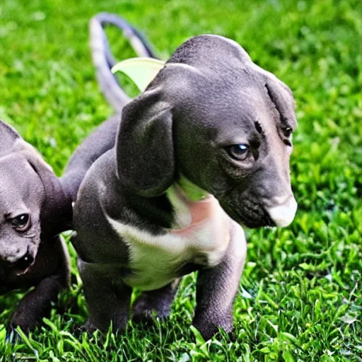 Prompt: baby dragon dogs playing in the grass