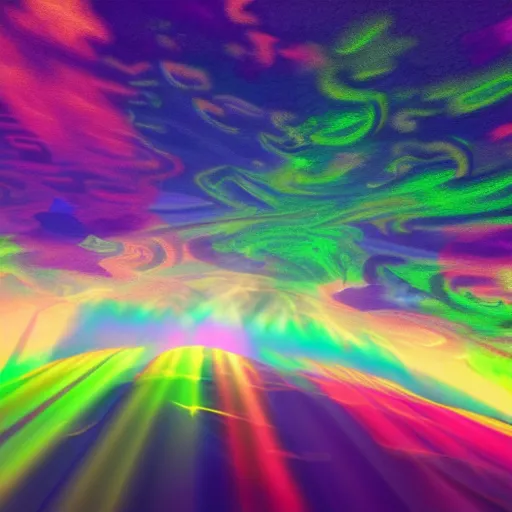 Image similar to psychedelic multicolor clouds, god rays, volumetric lighting, dynamic intricate ornate