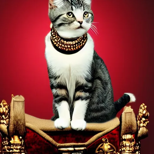 Image similar to cat as a king sitting on a throne ruling the world