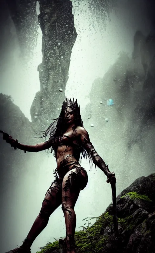 Prompt: movie scene, Amazonian princess climbing mountain, rain , wet, seen from below,camera looking up, inspired by monster hunter and dark fantasy and fashion, beautiful body, clean brutal blooded symmetrical face, brutal bloody sluty make up, epic,dramatic lighting, cinematic, establishing shot, extremely high detail, photorealistic, brutal, provocative , cinematic lighting, artstation, octane render, dark fantasy ,old photo, vintage, black and white, Boris vallejo, sepia, old photography, documentary photography