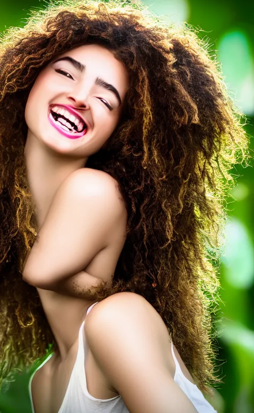 Image similar to 8 k uhd poser render of the face of a young woman with marble complexion, angelic features, her face framed with curls, her head raised in rapture, laughing, portrait photography, symmetrical eyes, by andrew gonzalez, background lush vegetation, insects and birds, dof narrow, 1 0 5 mm lens