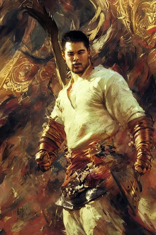 Image similar to wuxia, attractive beefy man, character design, colorful, painting by gaston bussiere, craig mullins, greg rutkowski, j. c. leyendecker