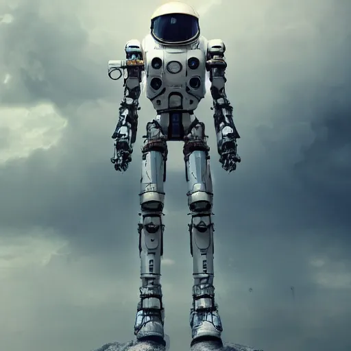 Image similar to cinematic epic portrait of a mecha astronaut walking up the stairs of heaven in clouds alone, octane render, trending on artstation, hyperrealistic, character photography