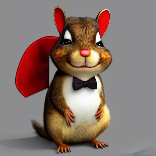 Prompt: a high quality photo of a chipmunk wearing a suit with red bow tie and smiling, render, ultra realistic, cgsociety