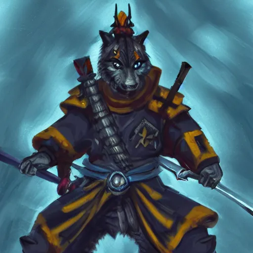 Image similar to anthropomorphic Azure samurai wolf, DnD character art portrait, fantasy battleground, raining, fire, oil painting, heroic pose, magic the gathering artwork, D&D, fantasy, cinematic lighting, centered, symmetrical, highly detailed, digital painting, artstation, concept art, chromatic aberration, post processing, smooth, sharp focus, illustration, volumetric lighting, epic Composition, 8k, art, DeviantArt, trending on Artstation, Jason Felix, Steve Argyle, Tyler Jacobson, Peter Mohrbacher, Akihiko Yoshida, Greg Rutkowski, Craig Mullins, Frank Frazetta, cinematic lighting