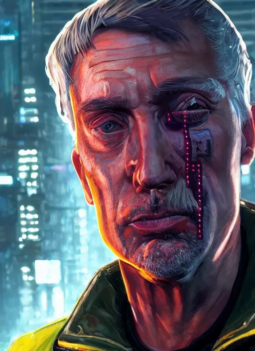 Prompt: portrait of Trump as a homeless character in Cyberpunk 2077, looking at camera, intricate, dystopian, sci-fi, extremely detailed, digital painting, artstation, concept art, smooth, sharp focus, illustration, intimidating lighting, incredible art by artgerm and greg rutkowski and alphonse mucha and simon stalenhag