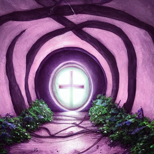 Prompt: a christian cross as the light is shining at the end of the tunnel, paradise outside of the tunnel, with pale purple and pale pink lighting, cute, aesthetic, anime, dark tunnel, with a few vines and overgrowth, studio ghibli, cinematic, painting, high definition, digital art, symmetrical, very detailed, extremely high detail, photo realistic, concept art, unreal engine 5,