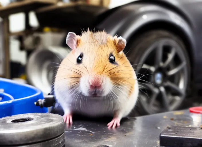 Image similar to film still of a hamster working as a mechanic in an auto shop, 8 k