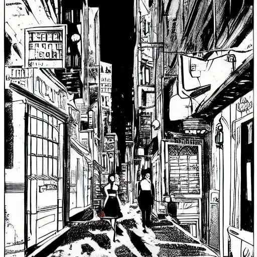 Prompt: beautiful landscape of gotham city back alley in the night with girl walking on the street, grayscale color scheme, comic book artstyle, by jack kirby