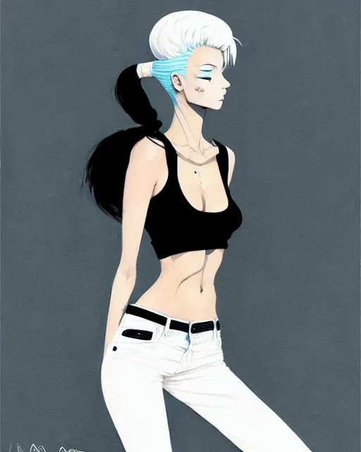 Image similar to a ultradetailed beautiful painting of a stylish woman, she is wearing a black tank top and jeans, she has white hair in a pony tail, by conrad roset, greg rutkowski and makoto shinkai trending on artstation