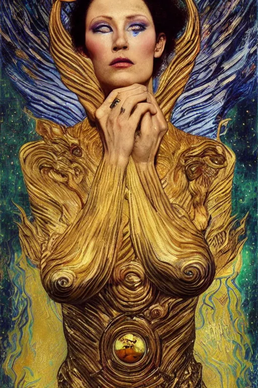 Prompt: Intermittent Chance of Chaos Muse by Karol Bak, Jean Deville, Gustav Klimt, and Vincent Van Gogh, Rebirth, Loki's Pet Project, Poe's Angel, Surreality, inspiration, imagination, sacred muse, otherworldly, fractal structures, arcane, ornate gilded medieval icon, third eye, spirals