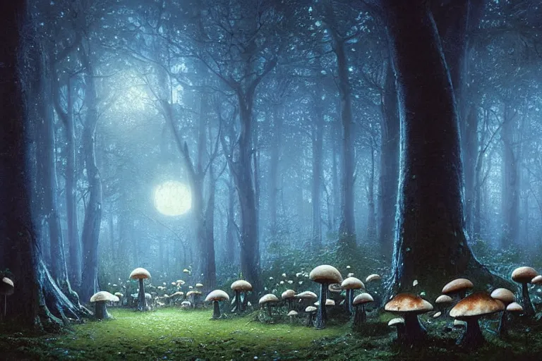 Prompt: moon night; Forest of giant mushrooms mushrooms forest, glowing blue By Greg Rutkowski, Thomas Kinkade