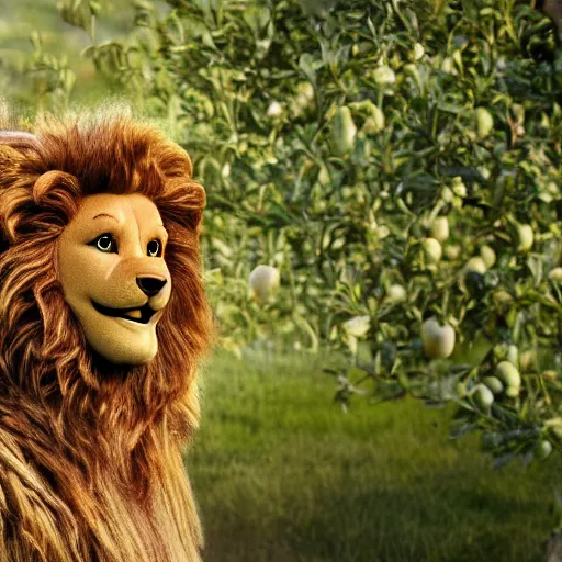 Prompt: detailed portrait center full shot of the cowardly lion from oz with apple trees, 8k