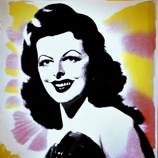 Prompt: rainbow smiling happy hedy lamarr. pop art.