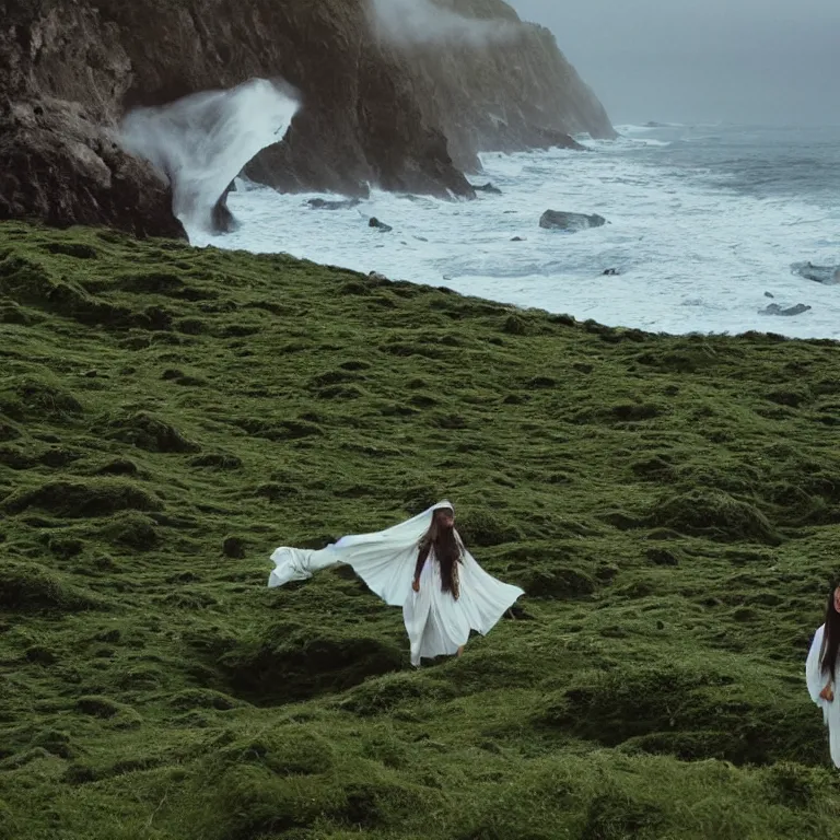 Prompt: dark and moody 1 9 7 0's artistic technicolor spaghetti western film, a large huge group of women in a giant billowing wide long flowing waving white dresses, standing inside a green mossy irish rocky scenic landscape, crashing waves and sea foam, volumetric lighting, backlit, moody, atmospheric, fog, extremely windy, soft focus