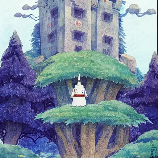 Image similar to laputa castle in the sky robot hayao miyazaki stands in a small clearing among trees, watercolor illustration for a book