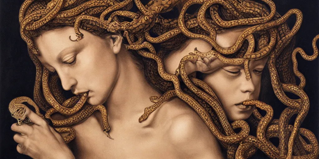 Image similar to realistic portrait of medusa with her snakes, golden, delicate, hyper realism, 1 4 5 0, ink, ultra realistic, 8 k